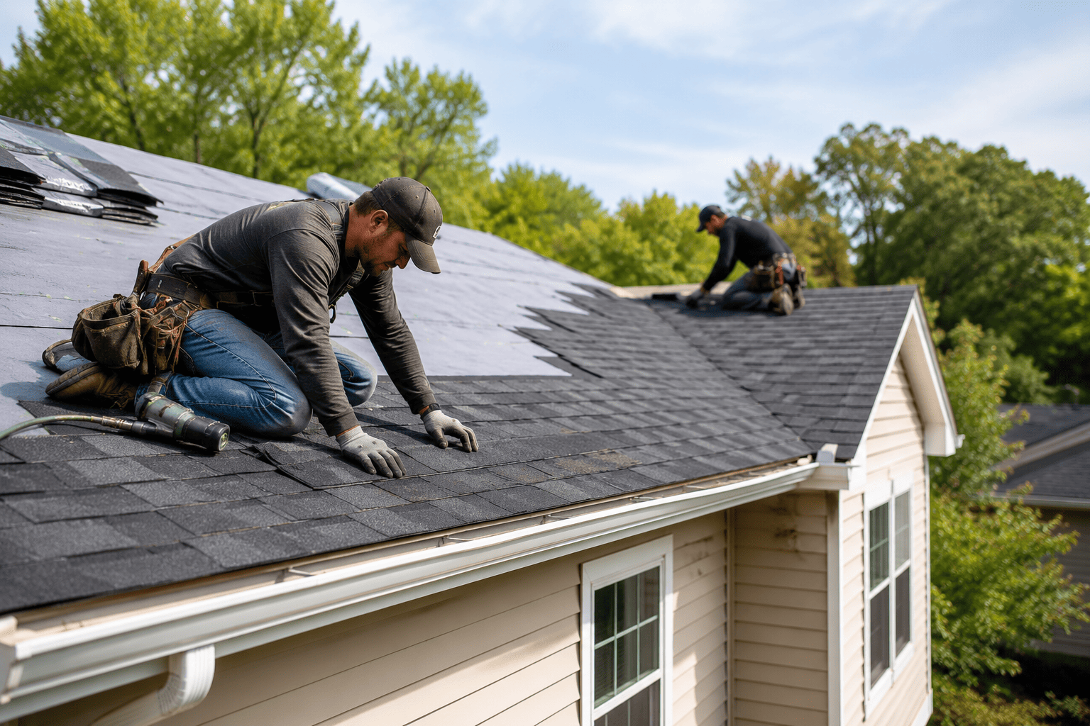 Professional roofing crew installing asphalt shingles on a residential home roof