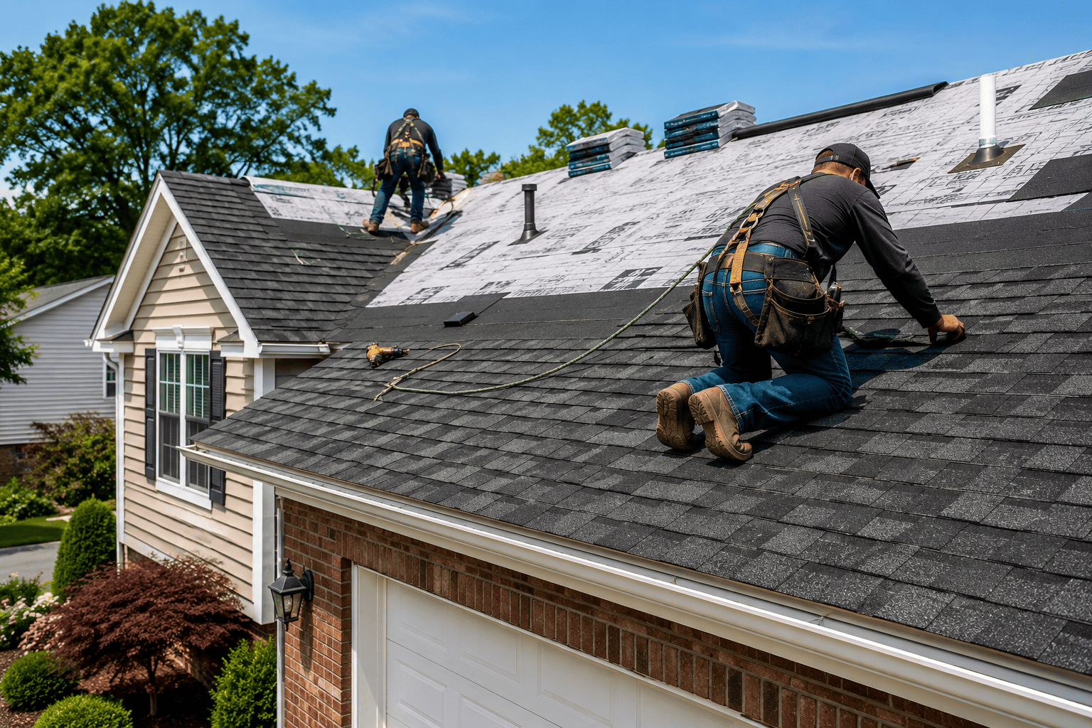 Professional roofing crew replacing shingles on a residential roof during a roof replacement project