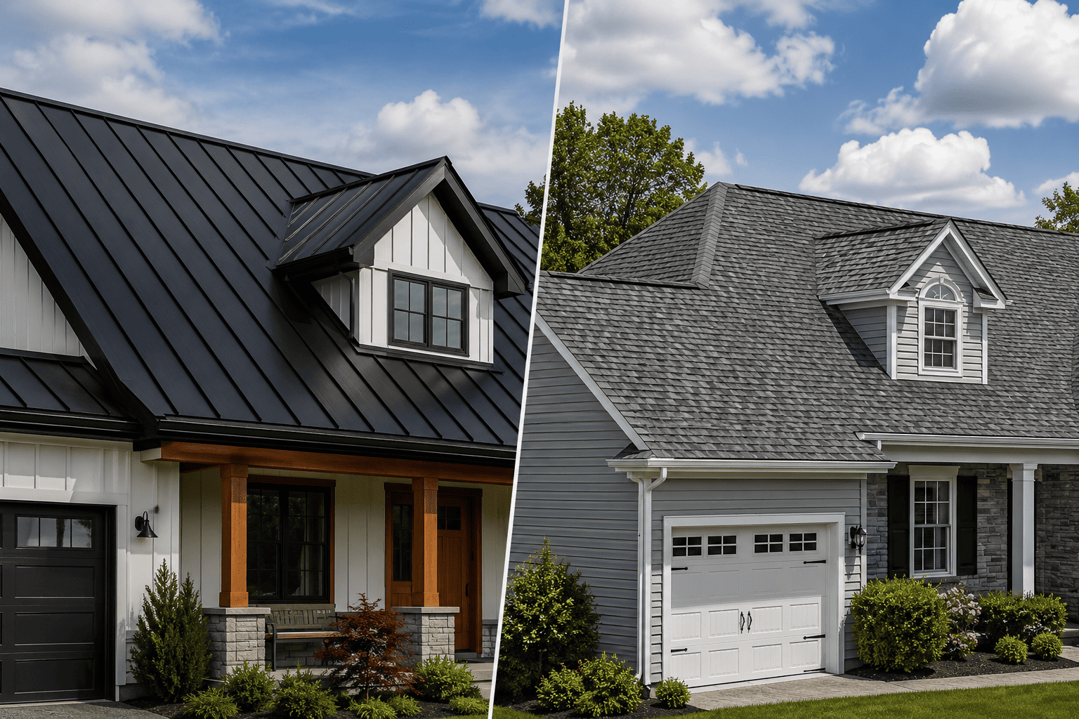 Comparison of modern metal roofing and traditional asphalt shingle roofing on residential homes.