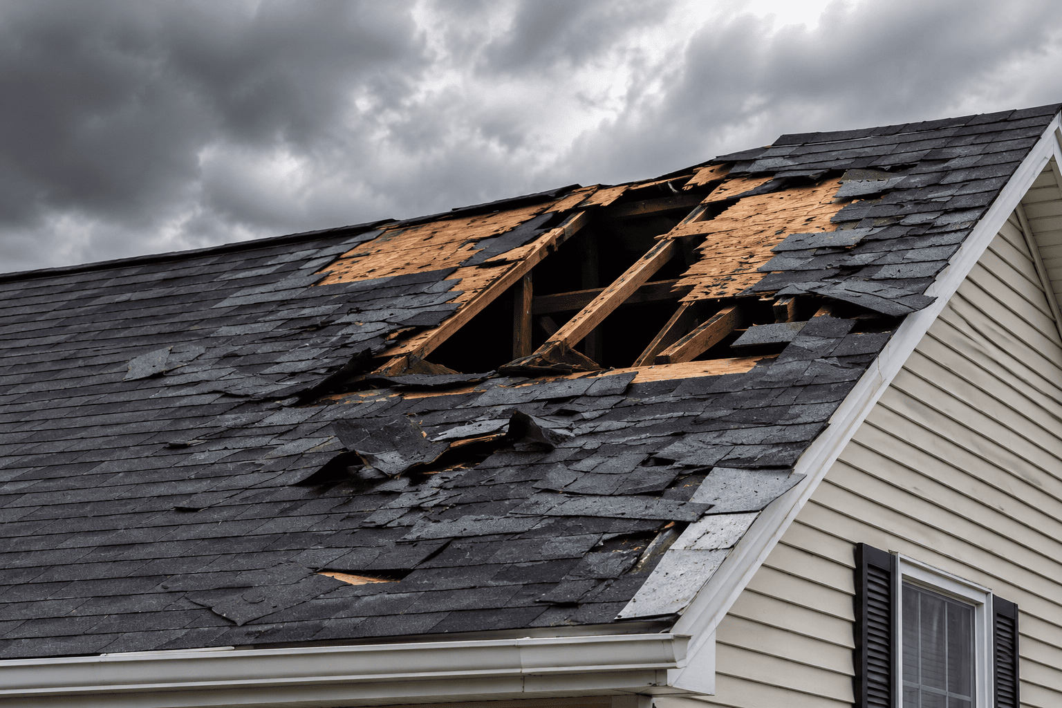 Severely storm-damaged residential roof with missing shingles and exposed wooden structure under dark clouds.