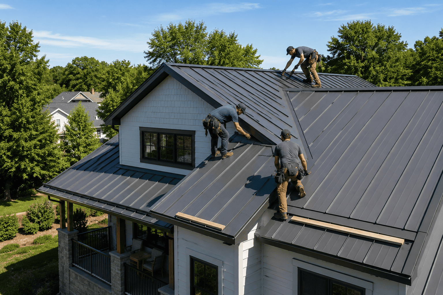 Professional roofing contractors installing a modern standing seam metal roof on a residential home