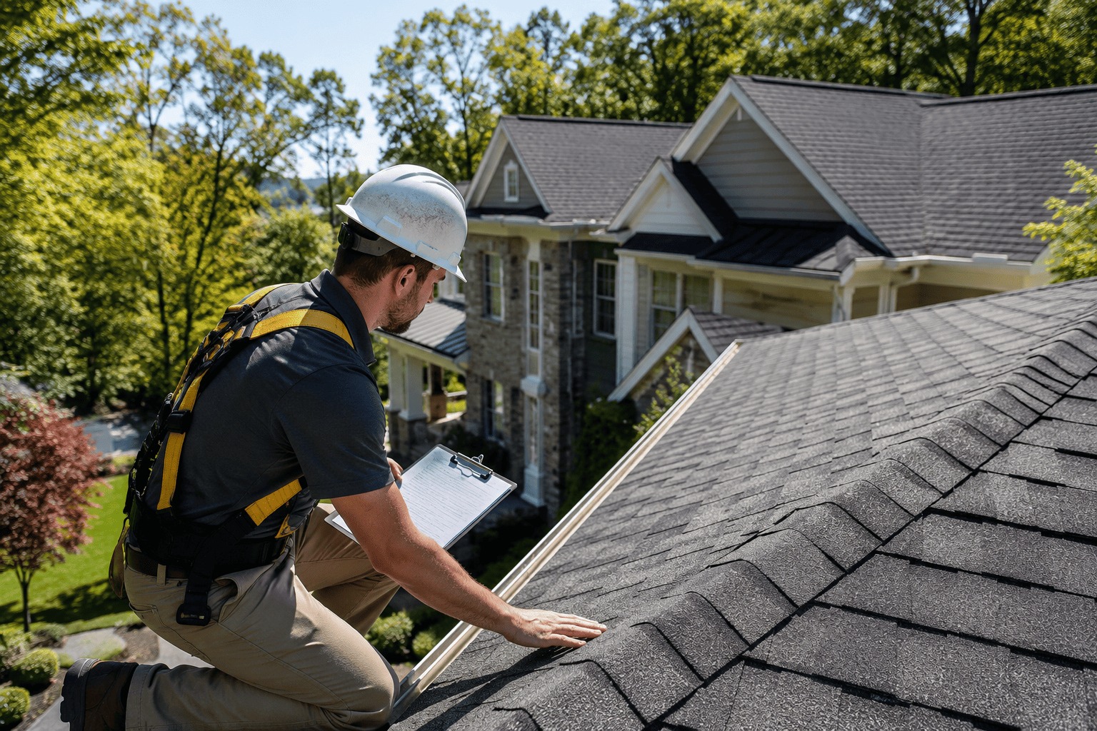 Professional roofing contractor inspecting a residential roof in Stamford CT