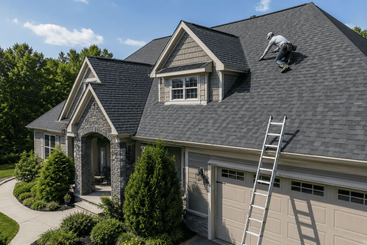 Beautiful modern home with a professionally installed asphalt shingle roof on a sunny day.