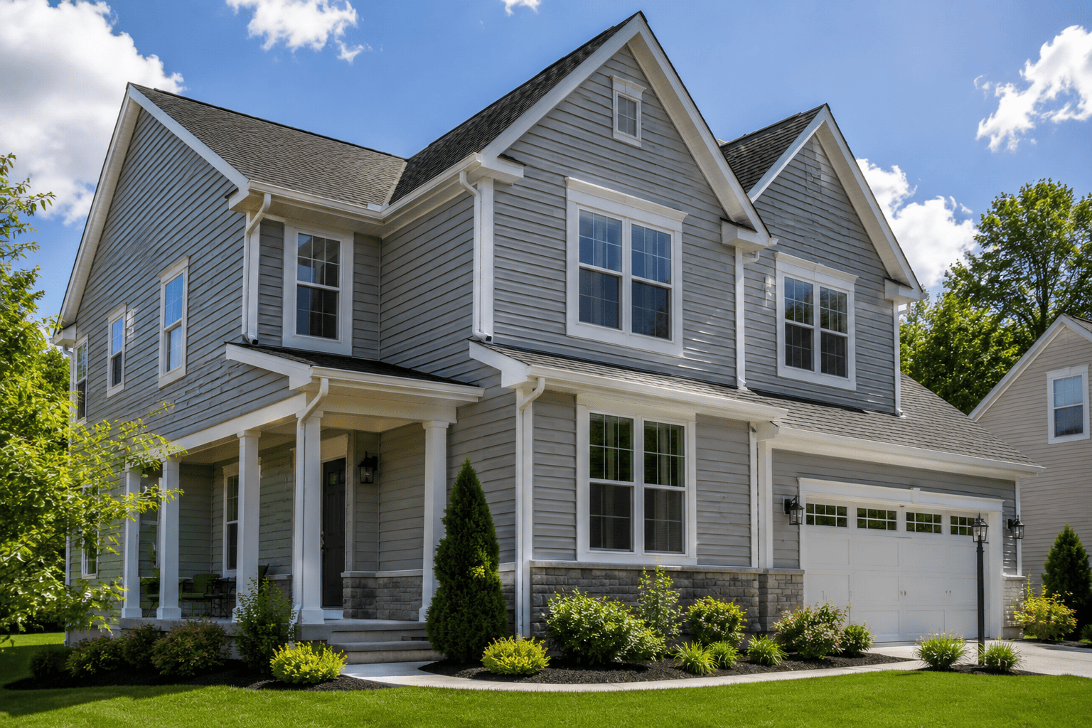 Beautiful modern home with newly installed vinyl siding in a quiet suburban neighborhood.