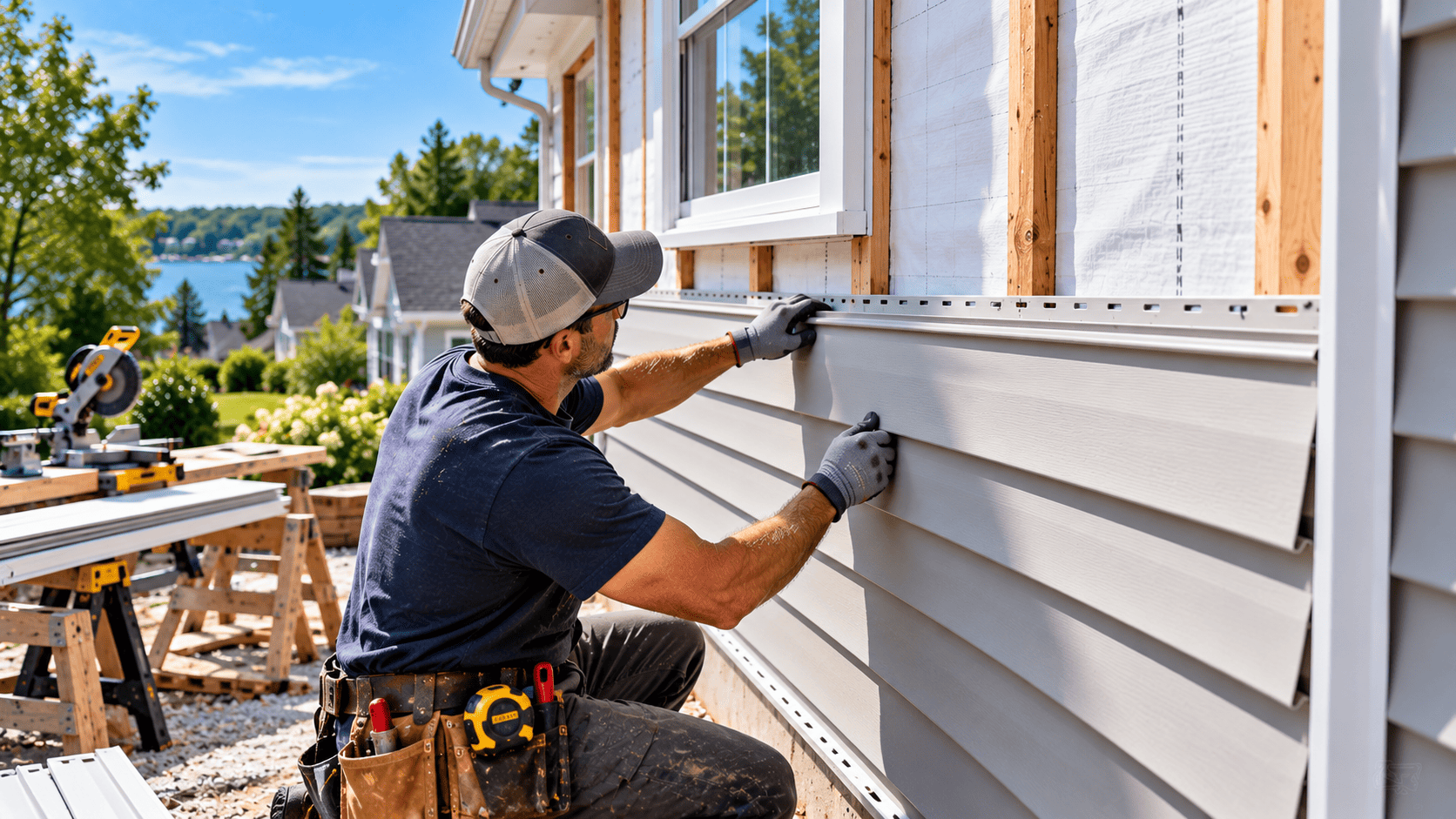 Contractor installing vinyl siding on a Connecticut home